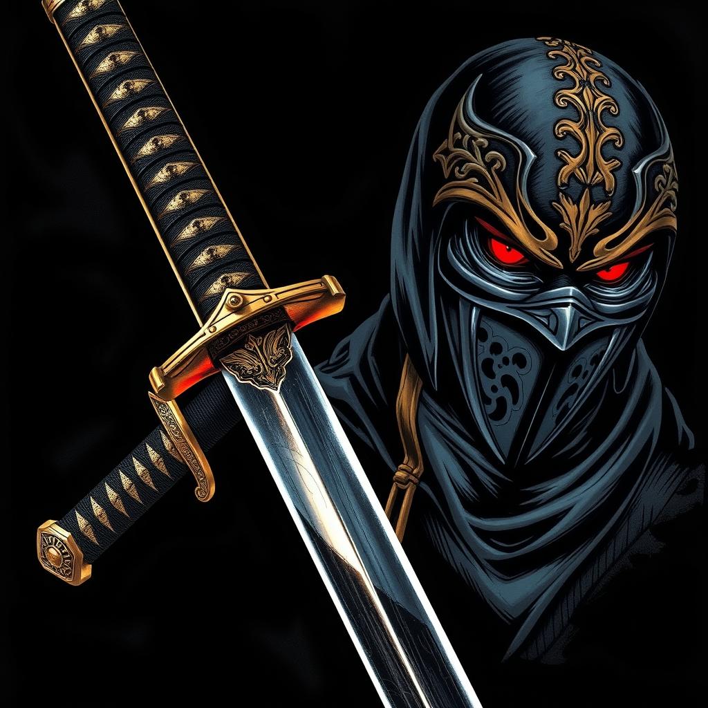 A visually striking illustration featuring a traditional samurai sword prominently displayed in the foreground