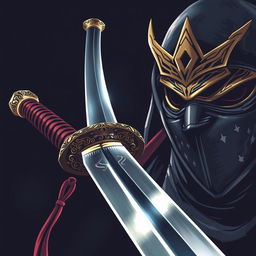A visually striking illustration featuring a traditional samurai sword prominently displayed in the foreground