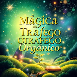 A visually captivating e-book cover featuring the title "Mágica do Tráfego Orgânico" in bold, elegant typography
