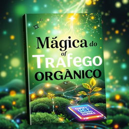 A visually captivating e-book cover featuring the title "Mágica do Tráfego Orgânico" in bold, elegant typography