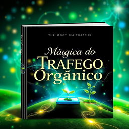 A visually captivating e-book cover featuring the title "Mágica do Tráfego Orgânico" in bold, elegant typography