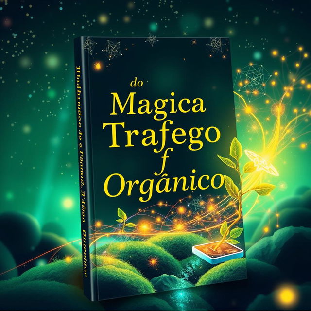 A visually captivating e-book cover featuring the title "Mágica do Tráfego Orgânico" in bold, elegant typography