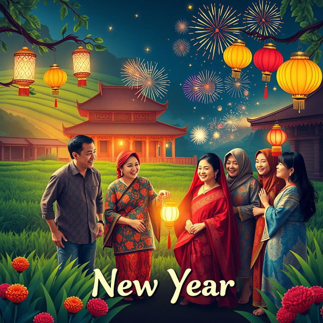 A vibrant New Year card design depicting a joyful family gathering celebrating the New Year in a beautiful Javanese setting
