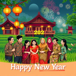 A vibrant New Year card design depicting a joyful family gathering celebrating the New Year in a beautiful Javanese setting