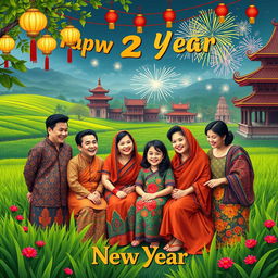 A vibrant New Year card design depicting a joyful family gathering celebrating the New Year in a beautiful Javanese setting