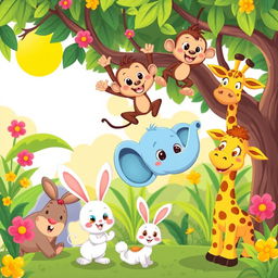 A vibrant and colorful cartoon featuring various cute and playful animals