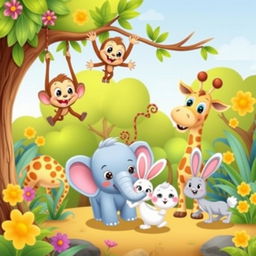 A vibrant and colorful cartoon featuring various cute and playful animals