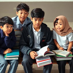 A student named Andi is sitting on a bench, intently focusing on his school work