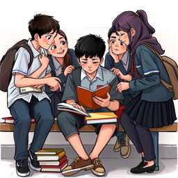 A student named Andi is sitting on a bench, intently focusing on his school work