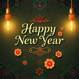 A festive New Year card design featuring the phrase 'Happy New Year' in elegant typography
