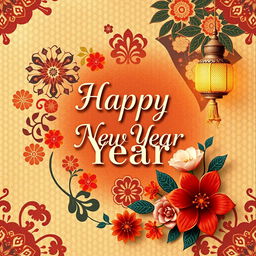 A festive New Year card design featuring the phrase 'Happy New Year' in elegant typography