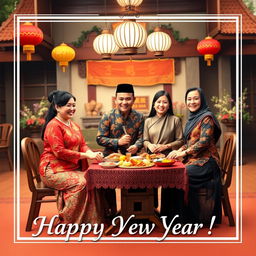 A heartwarming New Year card design featuring a family celebrating the new year together in a traditional Javanese setting