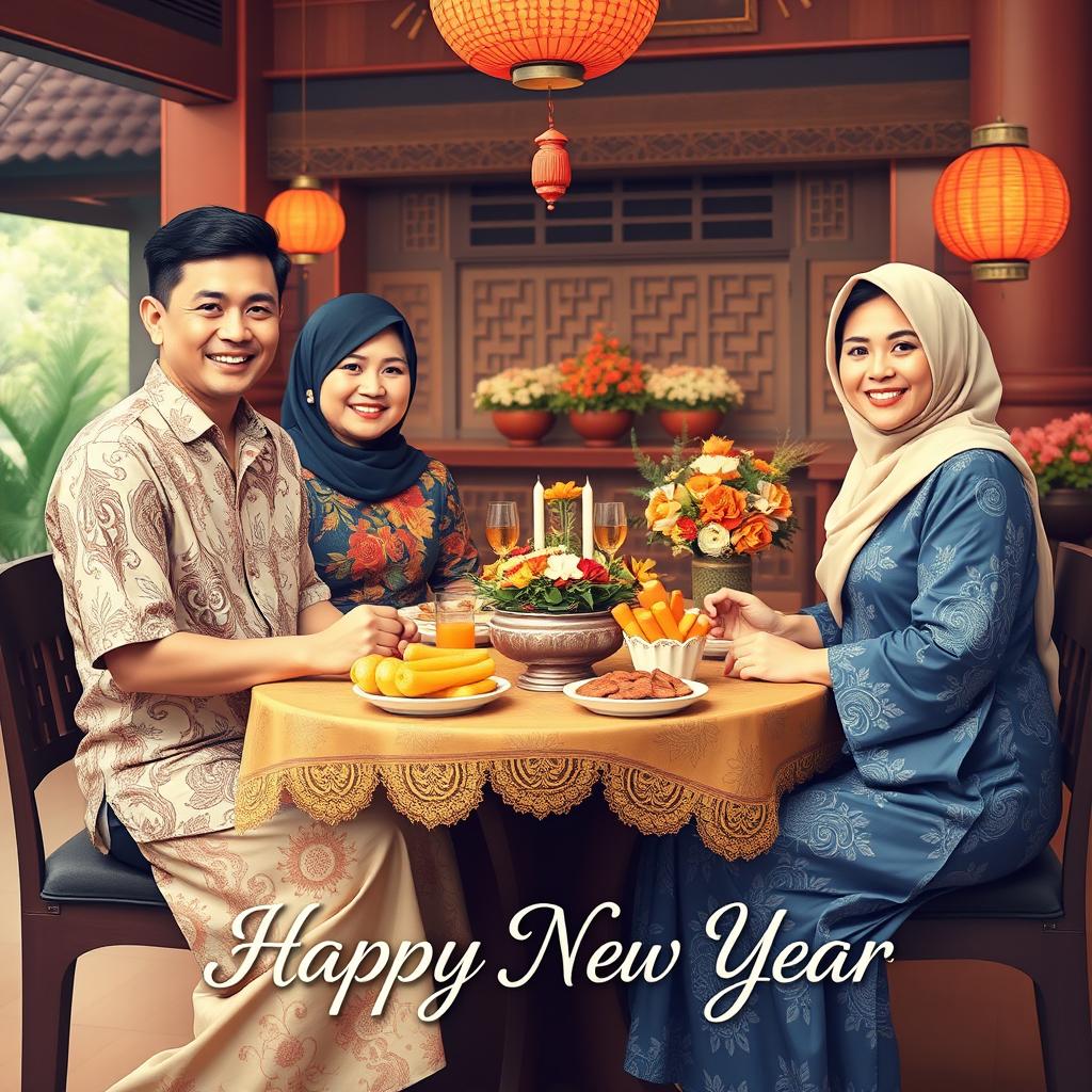 A heartwarming New Year card design featuring a family celebrating the new year together in a traditional Javanese setting