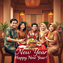 A heartwarming New Year card design featuring a family celebrating the new year together in a traditional Javanese setting