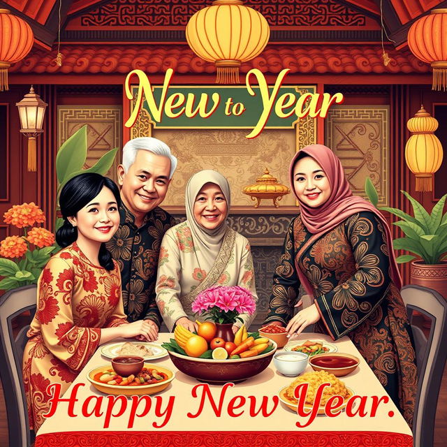 A heartwarming New Year card design featuring a family celebrating the new year together in a traditional Javanese setting