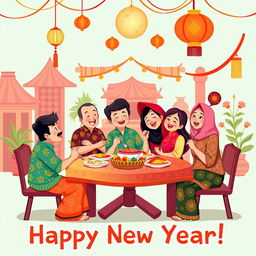 A cheerful greeting card design illustration depicting a family gathering celebrating the New Year with a Javanese background