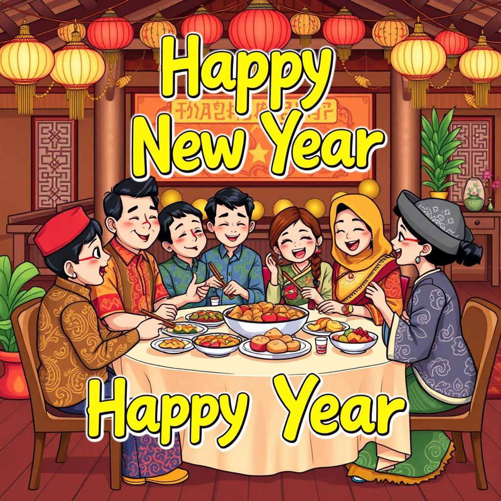 A cheerful greeting card design illustration depicting a family gathering celebrating the New Year with a Javanese background