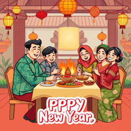 A cheerful greeting card design illustration depicting a family gathering celebrating the New Year with a Javanese background