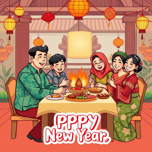 A cheerful greeting card design illustration depicting a family gathering celebrating the New Year with a Javanese background