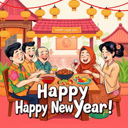 A cheerful greeting card design illustration depicting a family gathering celebrating the New Year with a Javanese background