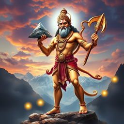 A majestic and powerful depiction of Lord Hanuman standing in a dynamic pose, with a vibrant mountain backdrop and a dramatic sky