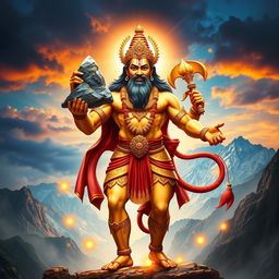 A majestic and powerful depiction of Lord Hanuman standing in a dynamic pose, with a vibrant mountain backdrop and a dramatic sky