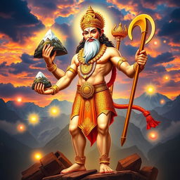 A majestic and powerful depiction of Lord Hanuman standing in a dynamic pose, with a vibrant mountain backdrop and a dramatic sky