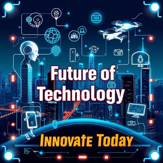 A vibrant digital poster showcasing various aspects of technology