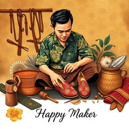 An artistic illustration for a greeting card design featuring a pattern maker shoes theme, set against a rich Javanese background