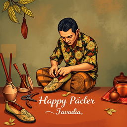 An artistic illustration for a greeting card design featuring a pattern maker shoes theme, set against a rich Javanese background