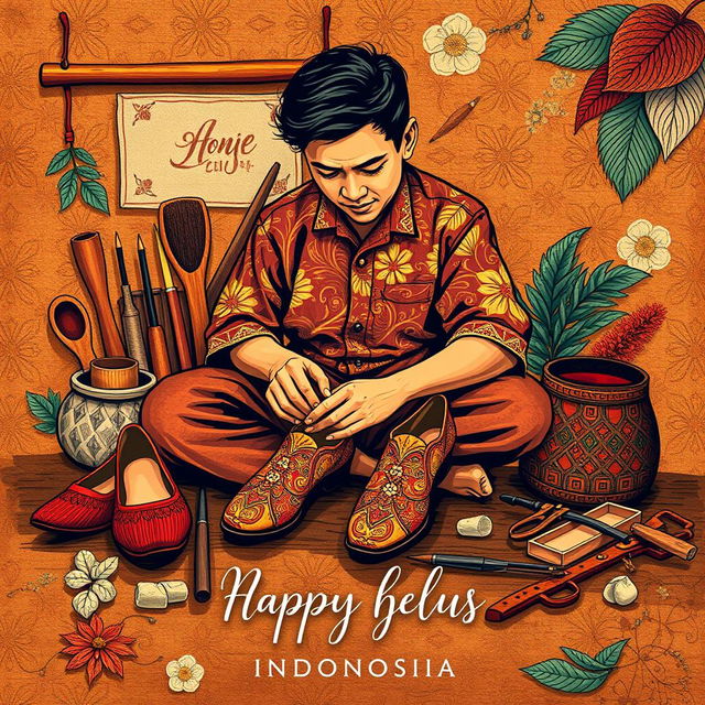 An artistic illustration for a greeting card design featuring a pattern maker shoes theme, set against a rich Javanese background