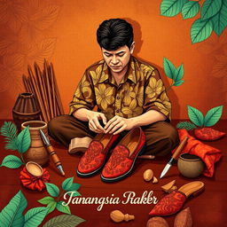 An artistic illustration for a greeting card design featuring a pattern maker shoes theme, set against a rich Javanese background