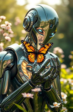 A futuristic robot gently holding a colorful butterfly in its metallic hands, surrounded by a serene nature background with soft greenery and blooming flowers