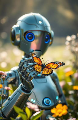 A futuristic robot gently holding a colorful butterfly in its metallic hands, surrounded by a serene nature background with soft greenery and blooming flowers