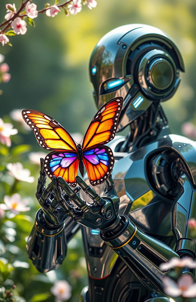 A futuristic robot gently holding a colorful butterfly in its metallic hands, surrounded by a serene nature background with soft greenery and blooming flowers