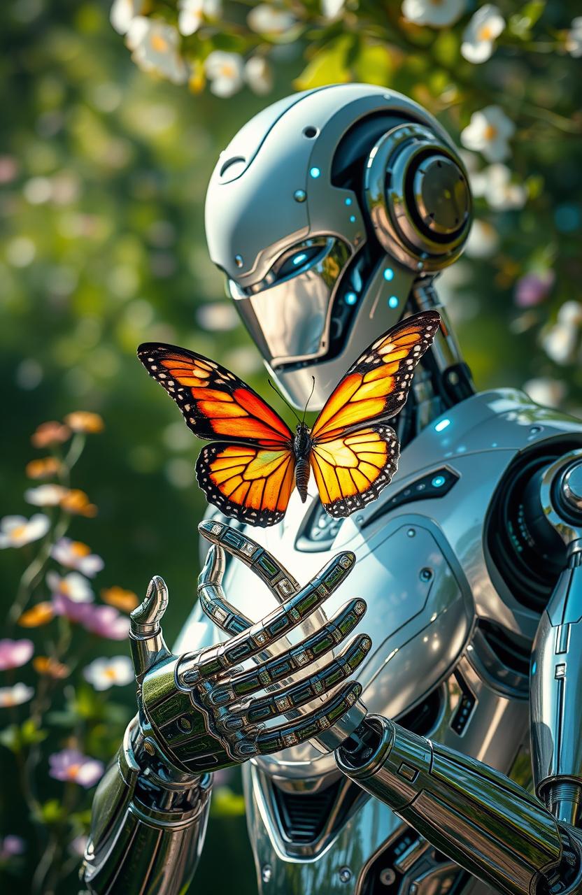 A futuristic robot gently holding a colorful butterfly in its metallic hands, surrounded by a serene nature background with soft greenery and blooming flowers