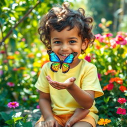A young boy with a joyful expression gently holding a colorful butterfly in his small hands