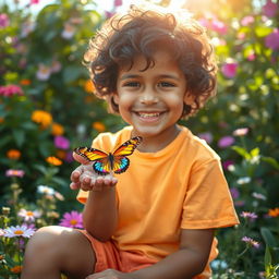 A young boy with a joyful expression gently holding a colorful butterfly in his small hands