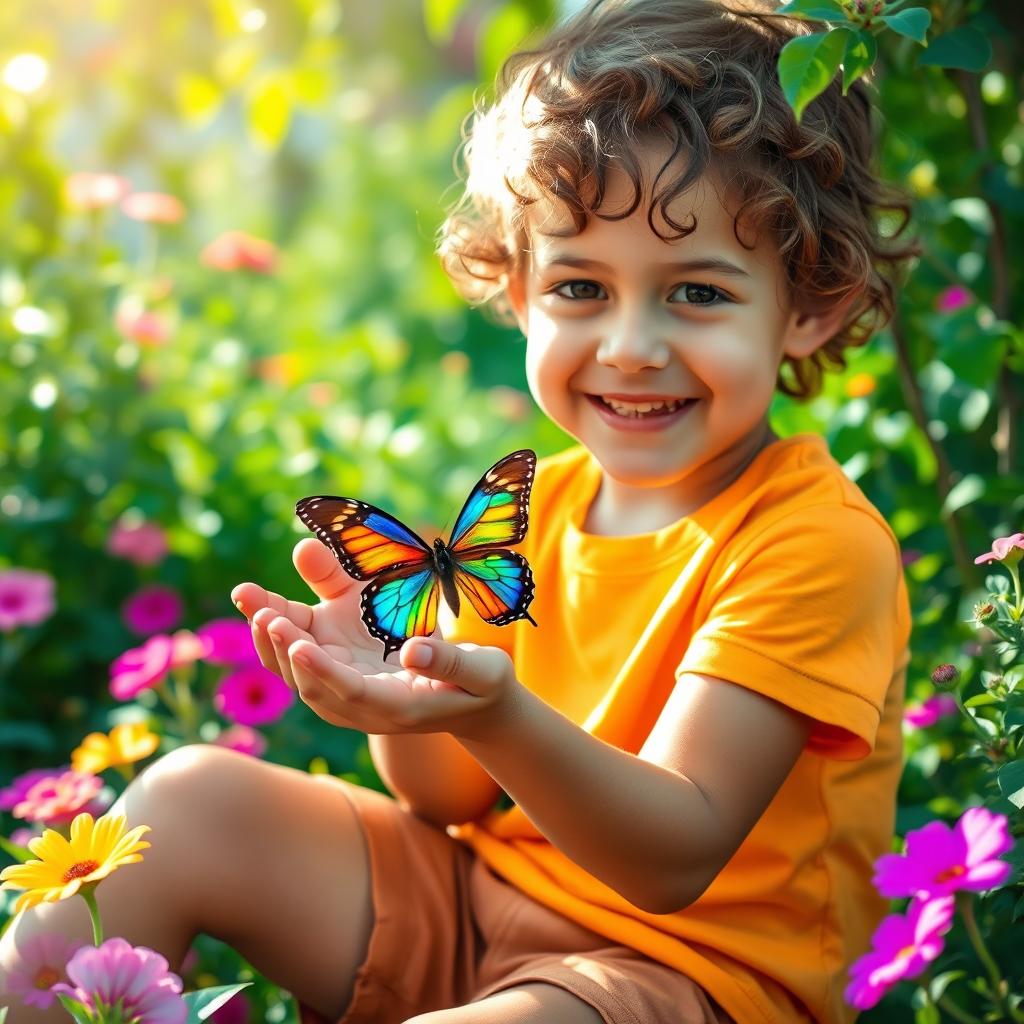 A young boy with a joyful expression gently holding a colorful butterfly in his small hands