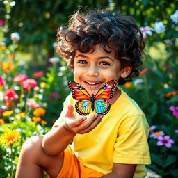 A young boy with a joyful expression gently holding a colorful butterfly in his small hands