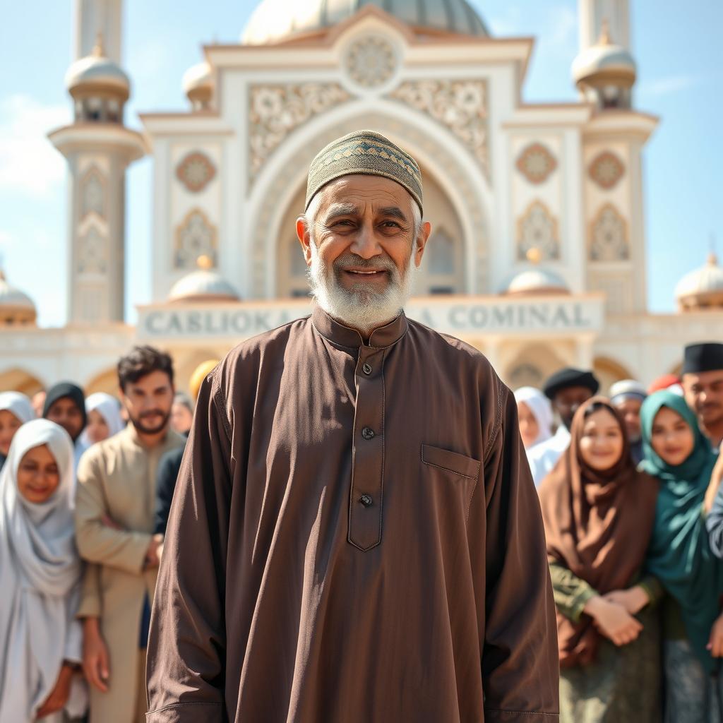 An elderly grandfather standing proudly in front of a diverse crowd, showcasing a warm and welcoming expression