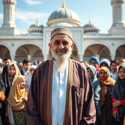 An elderly grandfather standing proudly in front of a diverse crowd, showcasing a warm and welcoming expression