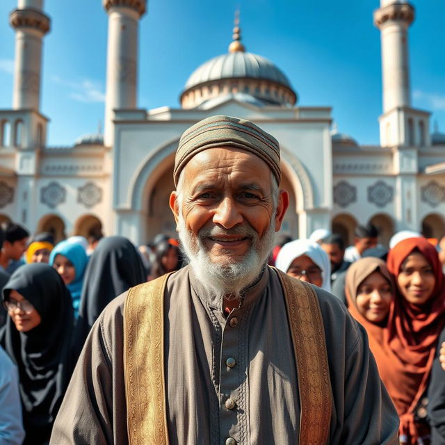 An elderly grandfather standing proudly in front of a diverse crowd, showcasing a warm and welcoming expression