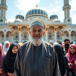 An elderly grandfather standing proudly in front of a diverse crowd, showcasing a warm and welcoming expression