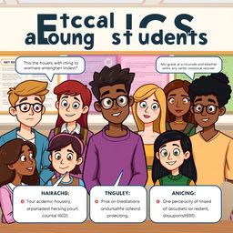 An infographic depicting the theme of ethical issues among students, featuring diverse student characters engaged in discussions or activities related to ethics, such as academic honesty, respect for others, and social responsibility