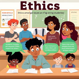 An infographic depicting the theme of ethical issues among students, featuring diverse student characters engaged in discussions or activities related to ethics, such as academic honesty, respect for others, and social responsibility