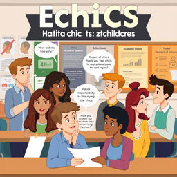 An infographic depicting the theme of ethical issues among students, featuring diverse student characters engaged in discussions or activities related to ethics, such as academic honesty, respect for others, and social responsibility