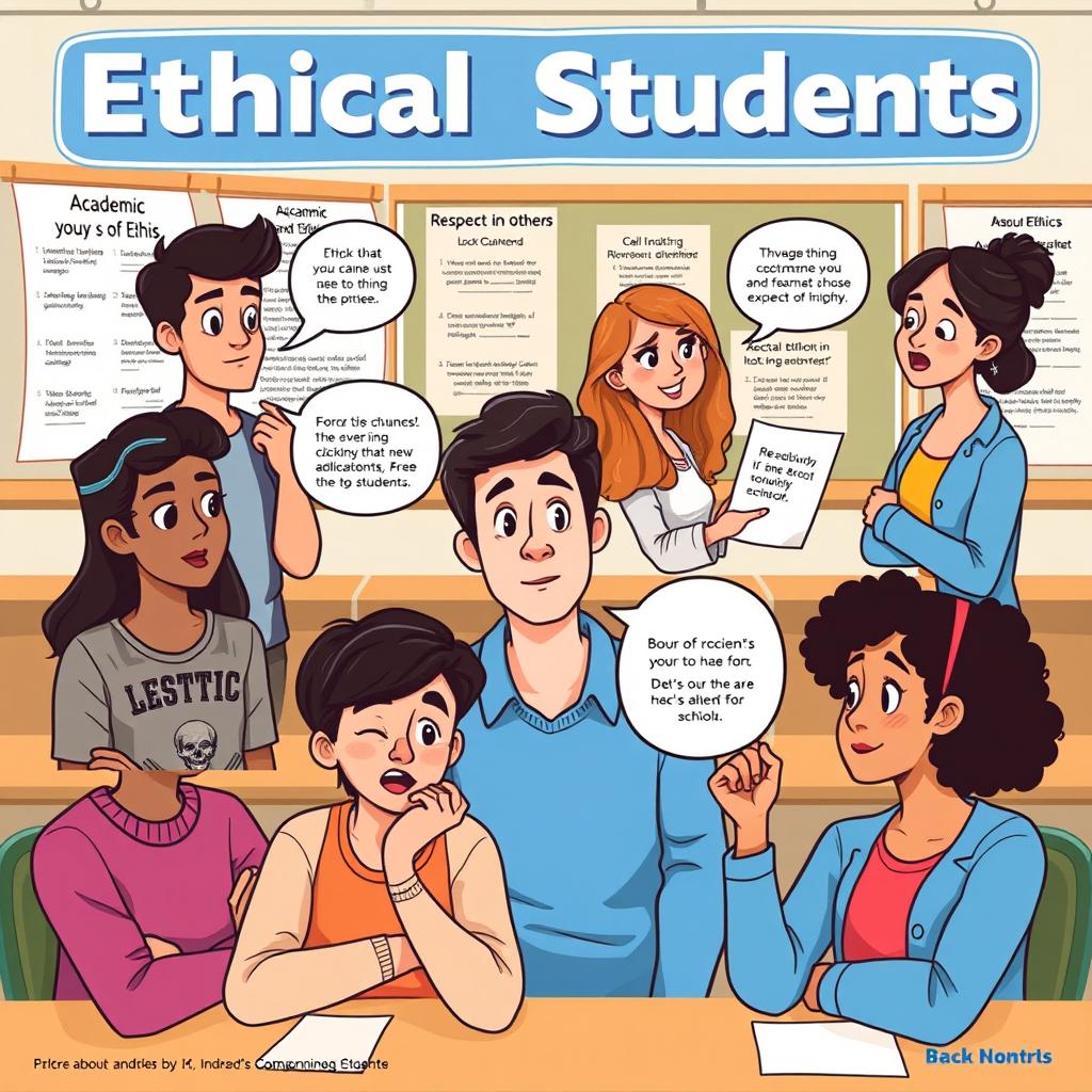 An infographic depicting the theme of ethical issues among students, featuring diverse student characters engaged in discussions or activities related to ethics, such as academic honesty, respect for others, and social responsibility