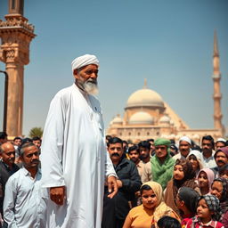 An elderly man standing proudly in front of a captivated crowd in Egypt, showcasing a wise and gentle demeanor