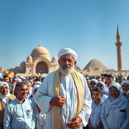 An elderly man standing proudly in front of a captivated crowd in Egypt, showcasing a wise and gentle demeanor